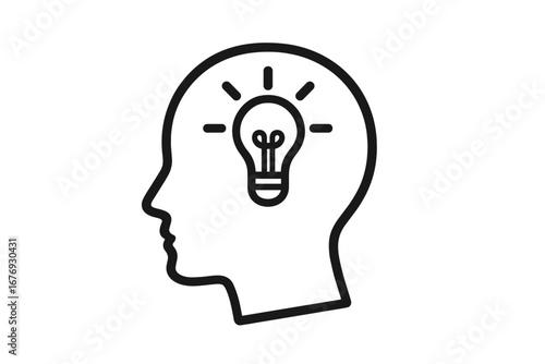 Human head with light bulb icon. Symbol of creativity, new idea, innovation, imagination. Mind, thinking, solution, knowledge, learning, brainstorm concept vector illustration.