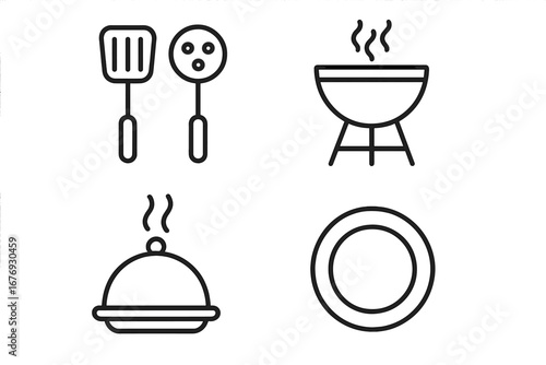 Linear Cooking Icons Set for Restaurant Menu and Food App Design. Utensil, Barbecue Grill, Serving Dish, Plate. Minimalist Kitchen Essentials Vector, Simple Black Outline Clipart Elements