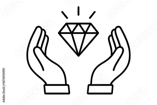 Value protection icon, hands holding diamond, premium assets, precious gem care, luxury investment safety, wealth management concept, secure valuable possessions, thin line vector illustration