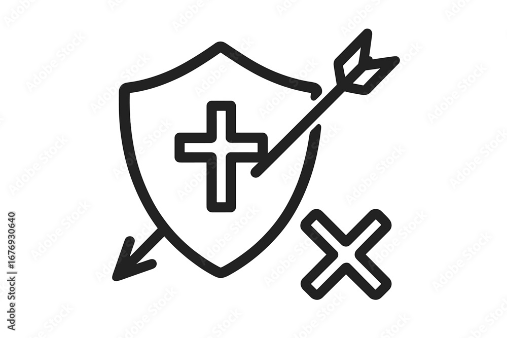 Obraz premium Cybersecurity shield with cross and arrow. Computer virus protection icon. Anti-malware symbol for web, app, social network, security banner, antivirus software interface. Minimal vector illustration.