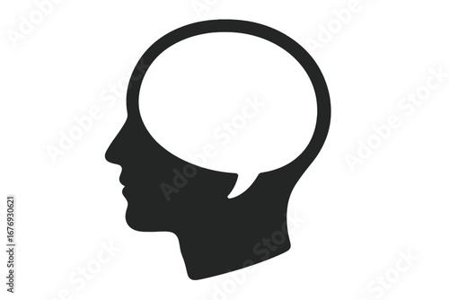 Human head silhouette with a speech bubble inside. Concept for internal dialogue, thought process, psychology, mental health, communication, opinion, and personal ideas.