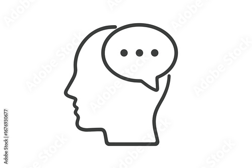 Human head silhouette with a speech bubble inside. Concept of internal dialogue, thinking, opinion and communication. Psychology, mind and mental health metaphor. Vector line icon.