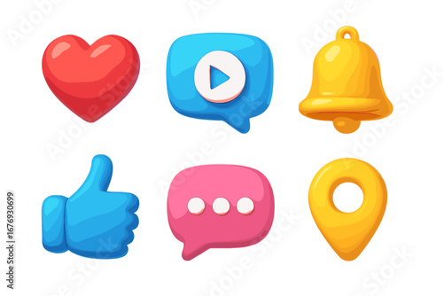 Social media 3D icon set. Notification bell, like heart, comment bubble, thumbs up, video play button and location pin. Vector cartoon render illustration for web, app, UI, UX.