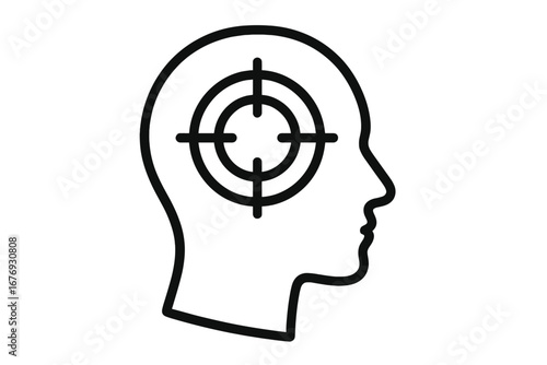 Concept of goal, focus, mission. Target in human head. Metaphor for concentration, objective, strategy, ambition. Psychology, mental health, mind pressure, obsession.