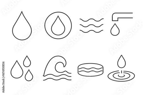 Linear Water Icon Collection. Minimalist Outline Set of Drops, Waves, Faucet, Splash, Wave Symbols. Editable Stroke Vector for Web, Apps, Books, Cards, Modern Clean Style, Transparent PNG