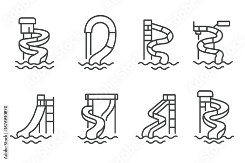 Water slide icon set for aquapark design. Summer vacation and pool fun. Vector line icons of water attractions, flumes, and recreation slides. Editable stroke for web and apps.