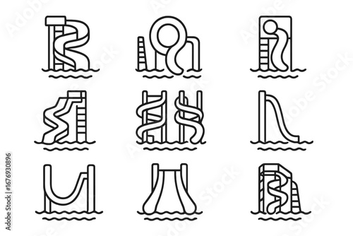 Waterpark line icon set. Water slide collection for summer vacation designs. Aqua park symbols for web, apps, and print. Pool, fun, splash, leisure, and recreation concepts.