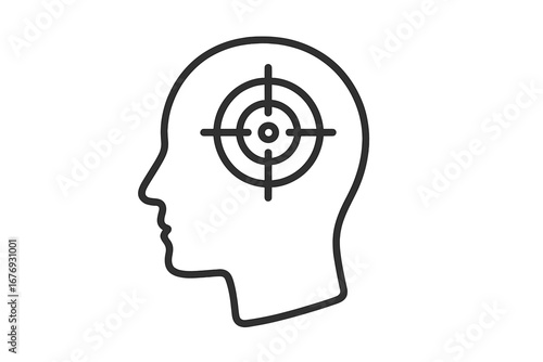 Target in head icon, focus on goal. Human mind with aim. Customer, audience targeting. Metaphor for concentration, objective, strategy, marketing, psychology, mental health.