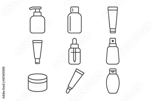 Cosmetic packaging icon set. Line art collection of beauty product containers. Bottle, tube, jar, spray, dropper for cream, lotion, serum. Vector outline illustration.