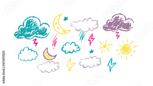 Hand drawn weather elements in crayon style clouds
