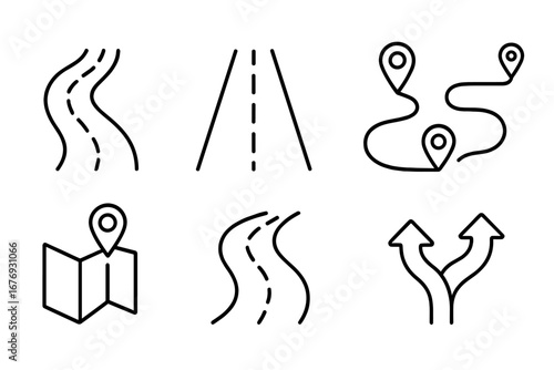 Curvy Road Path Map Pin Thin Line Icon Set. Outline Signs for Navigation, Route Planning, Travel Apps, GPS Map Directions, Web Graphic Design, Modern Transport and Journey Concept Vector Illustration