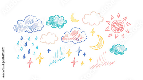 Hand drawn weather elements moon clouds