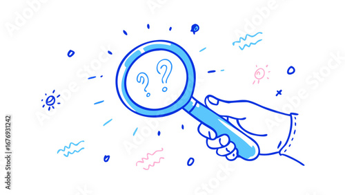 Hand holding magnifying glass with question marks blue