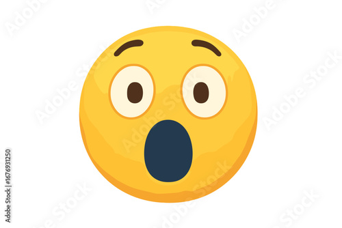 Surprised face emoji with open mouth and wide eyes. Vector illustration of a yellow cartoon emoticon showing shock, amazement, and astonishment. Wow expression concept.