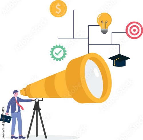 Flat illustration of person with binoculars looking at various career paths from high vantage point
