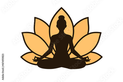 Woman silhouette in lotus yoga pose for meditation. Vector logo with blooming flower for spa, wellness, and spiritual harmony. Mind and body balance concept. Zen relaxation.