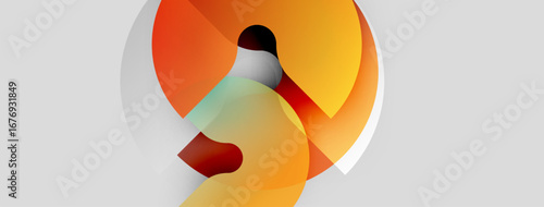 Abstract design features swirling orange, red, white shapes. Gradient colors create dynamic visual effect. Minimalist composition, modern aesthetic.
