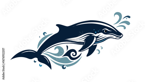 Majestic whale swimming with stylized waves marine life