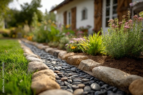 Decorative river rock landscaping bordering lush flower bed by house creates effective drainage system
