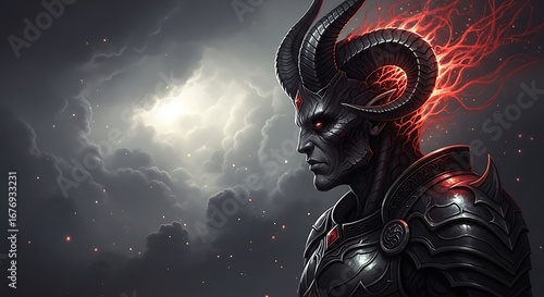 Dark Demonic Figure with Horns and Fiery Aura.