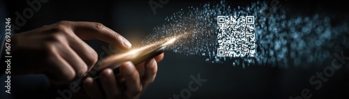 Seamless and contactless interaction, person scanning qr code with smartphone for efficient data access