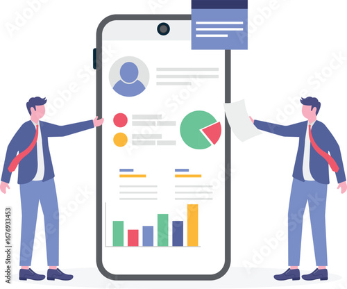 Flat illustration of team evaluating survey data to solve customer service issues on computer screen
