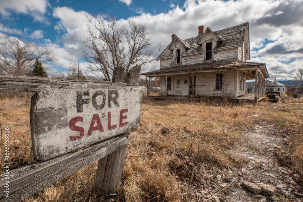 Fototapeta premium Dilapidated house with for sale sign suggests rural poverty and economic decline