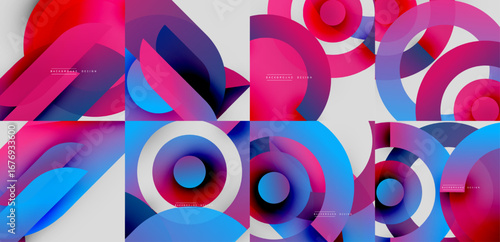 Abstract colorful designs feature overlapping circles, gradients, dynamic shapes. Modern backgrounds suggest creativity, innovation.
