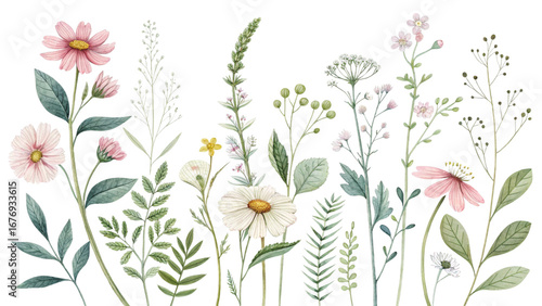 Watercolor floral herb set. Soft wildflowers and meadow plants with delicate leaves and greenery. Hand-painted botanical illustration for wedding stationery, packaging, branding, textiles, and greetin