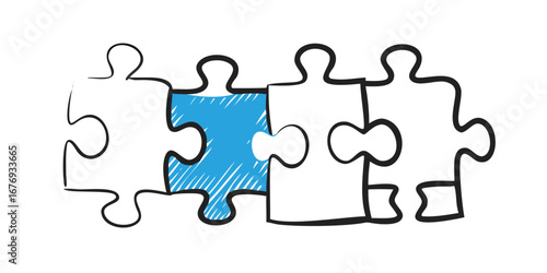 Puzzle pieces with one blue cutout jigsaw connection