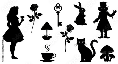 Collection of whimsical fantasy character and element silhouettes including girl, rabbit, cat, mushroom, rose, key, and teacup on an isolated transparent background.