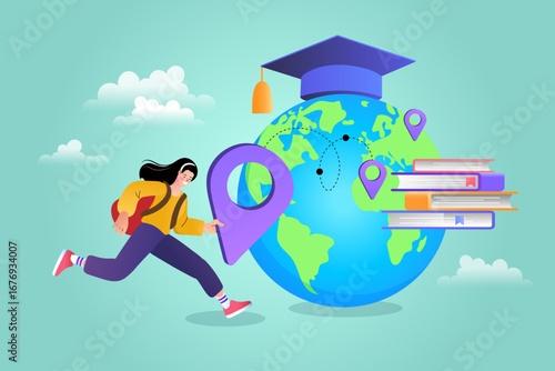 Concept of studying abroad and international education. A student with a backpack travels to a new country for a university degree, representing a global exchange program.