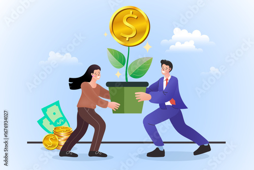 A concept of financial growth and successful investment, showing a business team or a couple nurturing a money tree to get a high return on investment and build wealth.