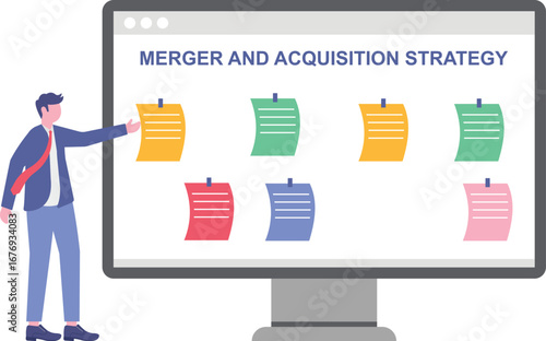 Vector illustration of business team planning merger and acquisition strategy with sticky notes on whiteboard

