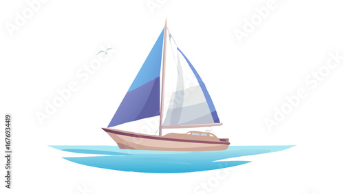 Sailboat on blue water with bird sailing ocean