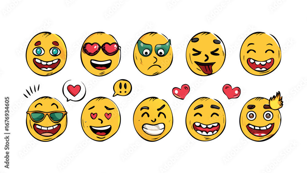 Fototapeta premium Smiley faces with various expressions emoji emoticon
