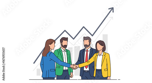 Business handshake and growth chart vector illustration. Successful partnership concept in flat design 
