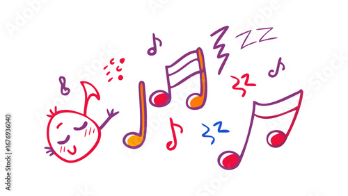 Whimsical musical notes and character treble clef eighth note