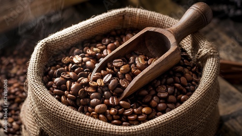 Macro shot of roasted coffee beans in a burlap sack with a wooden scoop The rich tones and texture make it ideal for coffee branding and packaging