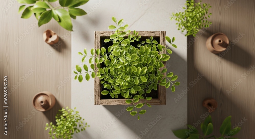 Fototapeta premium Green Potted Plant on Wooden Table with Small Decorative Vases in Natural Light