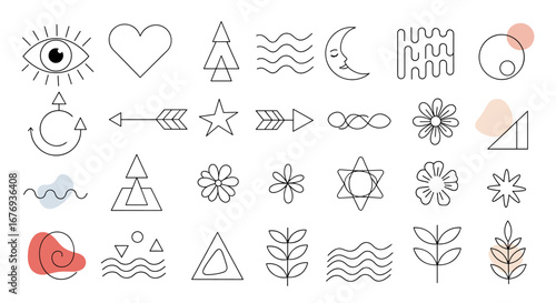 Collection of abstract geometric shapes and symbols representing nature and spirituality in modern line art style