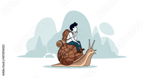 A thoughtful person rides a giant snail through a whimsical landscape illustrating slow progress and contemplation