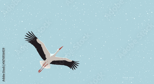 Majestic white stork with long neck and wings spread wide gracefully soars through a pale blue sky filled with tiny white specks