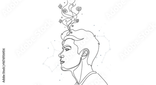 An intricate line art portrait of a young man with celestial ideas emanating from his mind