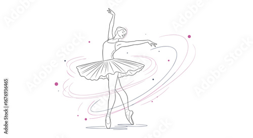 Elegant ballerina performing a graceful dance with swirling lines and sparkling dots showcasing artistic movement and beauty