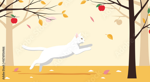 Graceful white feline leaping through an autumnal orchard full of falling leaves and ripe red apples on a sunny afternoon