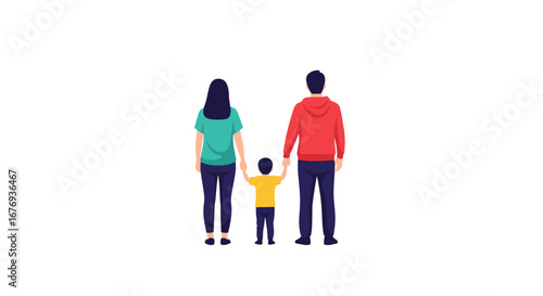 A happy family of three holding hands standing together looking into the distance on a white background