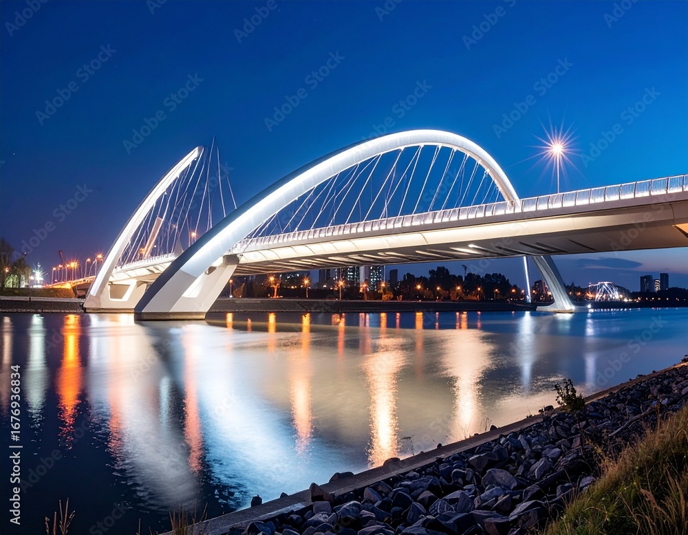 Fototapeta premium Evening view of a modern bridge over water with reflections and city lights in the background