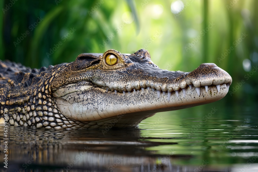 Obraz premium Crocodile resting partially submerged in water with intense gaze