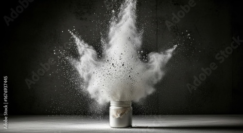 Powder Explosion in Glass Jar with Flour or Chalk Dust on Dark Background